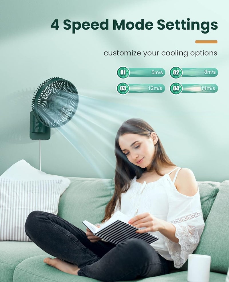 LEMOISTAR 8 Inch Small Wall Mounted Fan with Remote Control, 90° Oscillating, 4 Speeds High Velocity, Timer, Adjustable Tilt, 70 Inch Cord, Quiet, for RV Bedroom Home Office Garage-Green&Black - Image 5